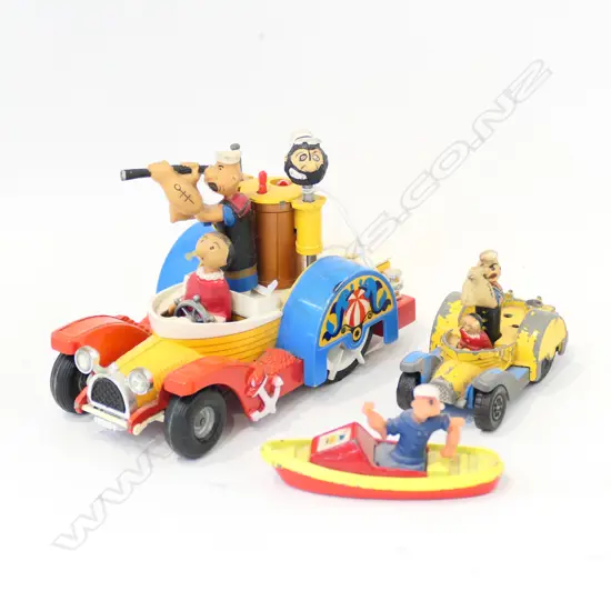 3 CORGI POPEYE TOYS; 2 PADDLE WAGONS AND BOAT