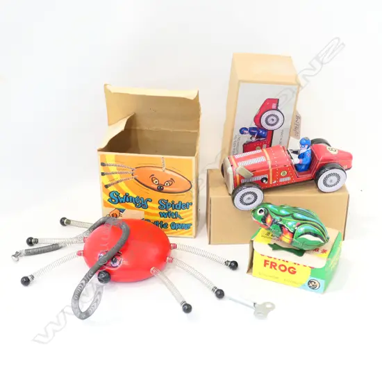 3 TIN TOYS; RACE CAR, JUMPING FROG, SWINGY SPIDER ALL BOXED