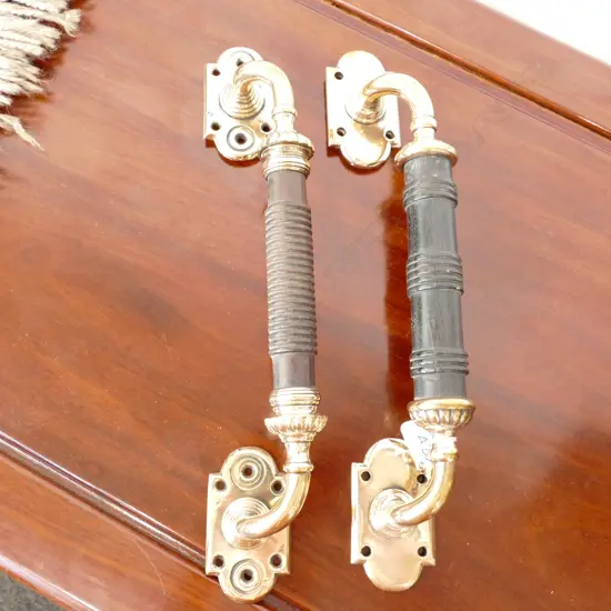 2 VICTORIAN BRASS & TURNED WOOD DOOR PULLS