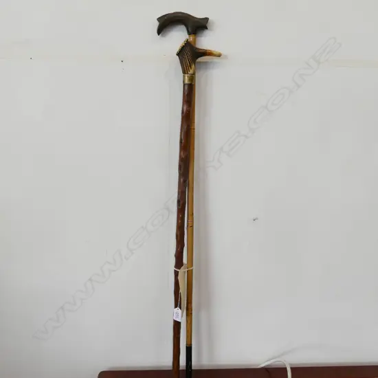 2 VINTAGE WALKING STICKS; DEER ANTLER OTHER HORN HANDLE 950MM L