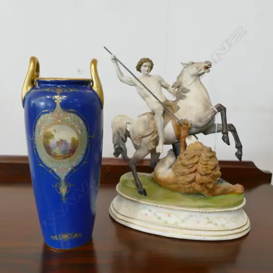 FIGURINE OF MAN ON HORSE SLAYING LION 300MM H AND ROYAL WORCESTER BLUE VASE 240MM H