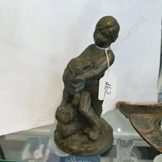 BRONZED RESIN FIGURE GROUP BOY WITH DOG H.175mm