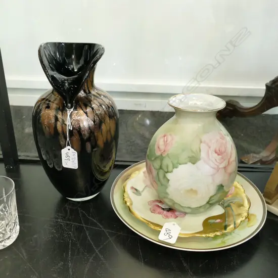 3 PCES HANDPAINTED FINE CHINA, GLASS VASE