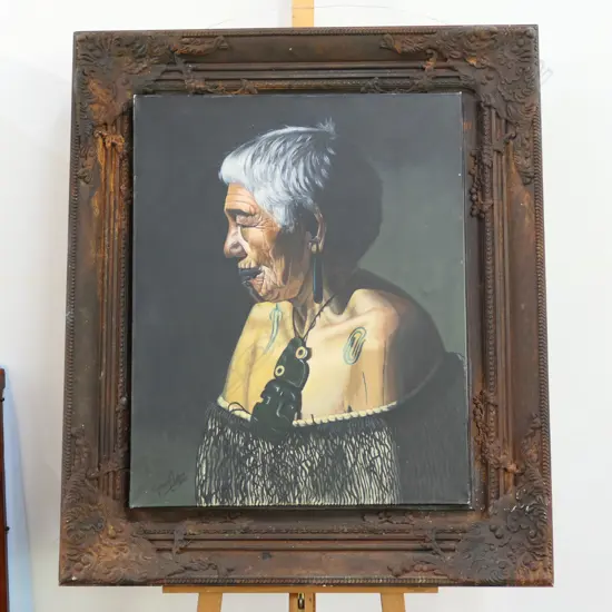 METAL LOOK FRAME OF MAORI ELDER OIL ON CANVAS 1020 X 880MM AF CANVAS OUT OF FRAME