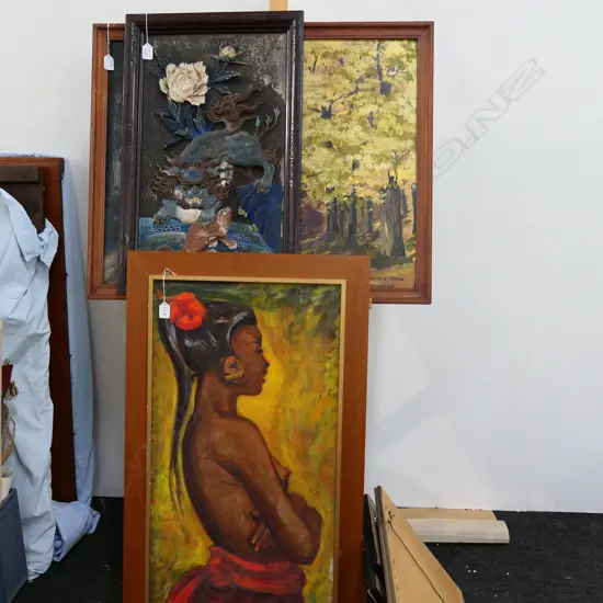 3 ARTWORKS; CORNWALL PARK ACRYLIC, ORIENTAL PANEL AND BALINESE WOMAN SIGNED & DATED '63 960 X 555MM