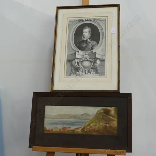 FRAMED ETCHING OF SR PHILIP SYDNEY W.395MM X 540MM + OIL LANDSCAPE SIGNED J.HOGG