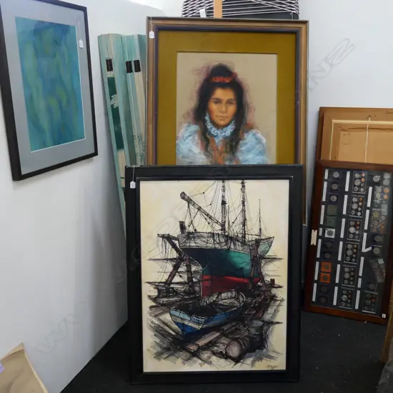 2 LARGE ARTWORKS; OIL ON CANVAS BOATS AND PASTEL WOMAN 1090 X 840MM