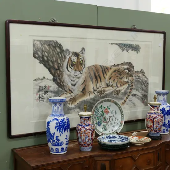 FRAMED ASIAN TIGER SCROLL 1830 X 1150MM 