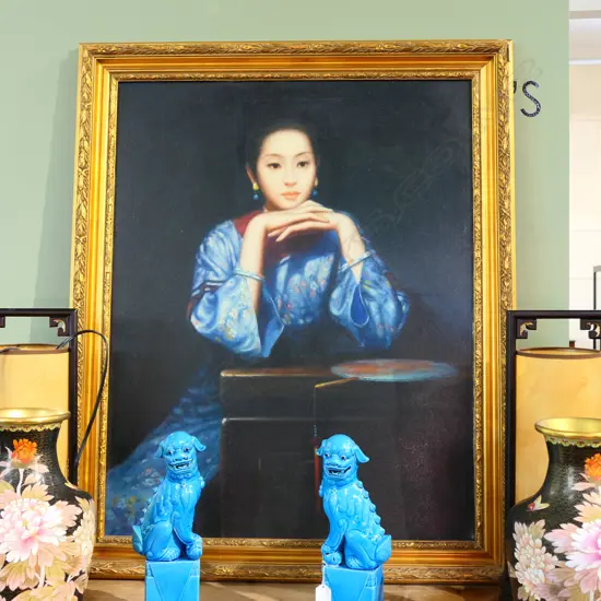 PORTRAIT OF A YOUNG CHINESE WOMAN WITH FAN, OIL ON CANVAS. 720 X 910mm IN GILT FRAME