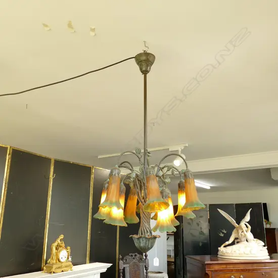 ART NOUVEAU STYLE  BRASS & COLOURED GLASS CHANDELIER  WORKING - GLASS A/F