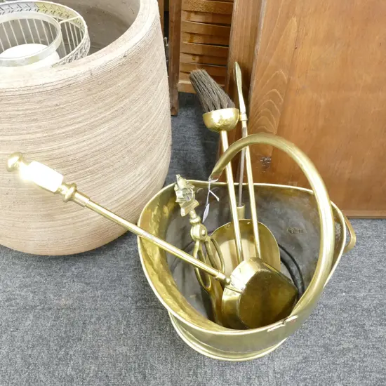 BRASS COAL BUCKET AND 5 TOOLS ONE AF