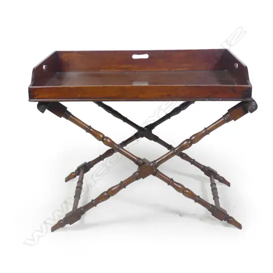 MAHOGANY BUTLERS TRAY TABLE W/ FOLDING BASE (NEEDS REPAIR) W. 770MM