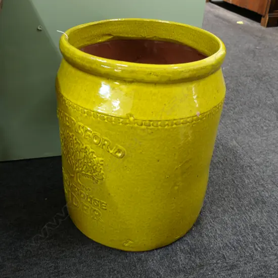 LARGE YELLOW CERAMIC CROCK 'FARMHOUSE CIDER' 450MM H