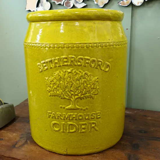LARGE YELLOW CERAMIC CROCK 'FARMHOUSE CIDER' 450MM H
