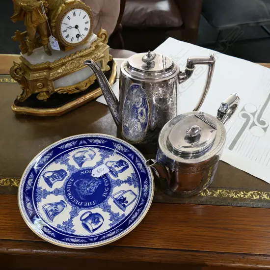 2 EP LATE 19TH TEA + COFFEE POTS + 2 MASONS PLATES
