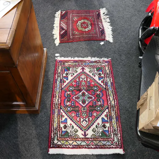 2 SMALL HAND WOVEN RUGS LARGEST 710 X 530MM 
