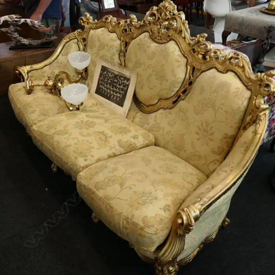 ORNATE GOLD THREE SEATER COUCH 2M L AF ONE ARM REQUIRES MINOR PAINT TOUCH UP