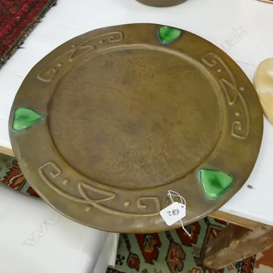 ARTS & CRAFTS EMBOSSED BRASS TRAY WITH PLAQUES