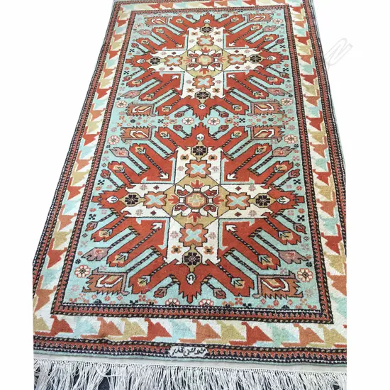 TURKISH HANDKNOTTED CARPET, PALE BLUE, BROWN WITH TRIBAL MOTIFS, 2700 X 1480MM