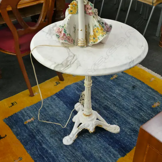 WHITE  CAST IRON GARDEN MARBLE TOP TABLE 