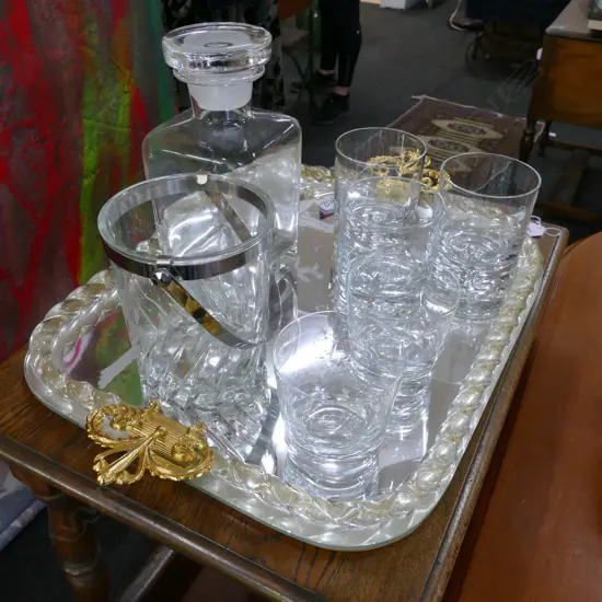 MURANO STYLE GLASS TRAY, WHISKEY GLASSES SOME ORREFORS, ICE BUCKET, DECANTER