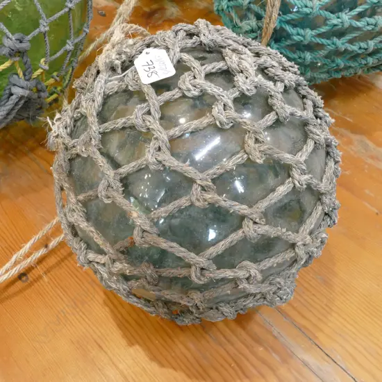 OLD MEDIUM SIZE GLASS FISHING FLOAT WITH NETTING