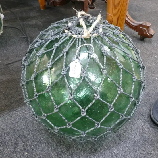 OLD LARGE GLASS FISHING FLOAT WITH NETTING