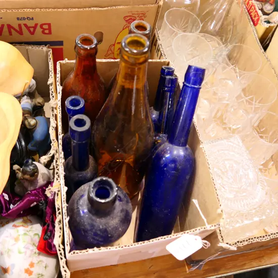 BOX LOT BLUE AND BROWN BOTTLES