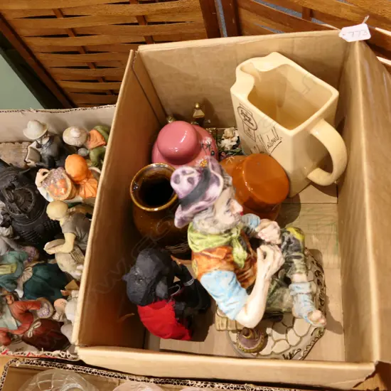 LOT ASSORTED GINGER JARS, WHISKEY JUG, 2 FIGURES ETC