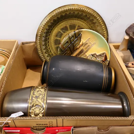 BOX LOT VICTORIAN JUG, WALL PLATE, BRONZE PLATE, 2 VASES