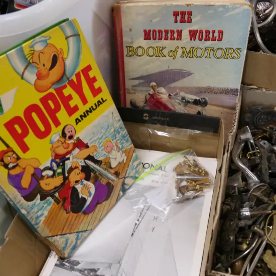 BOX LOT TRADITIONAL BOATS JOURNALS, 2 VINTAGE BOOKS - POPEYE AND MOTORS PLUS ASST. TIE PINS