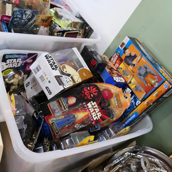 LARGE BOX LOT BOXED TOYS; MOSTLY STAR WARS