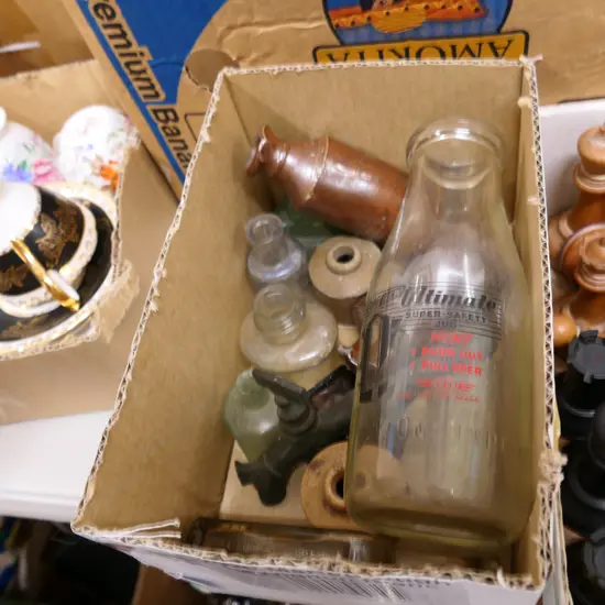 BOX LOT SMALL BOTTLES, GLASS, CERAMIC PLUS MILK BOTTLE