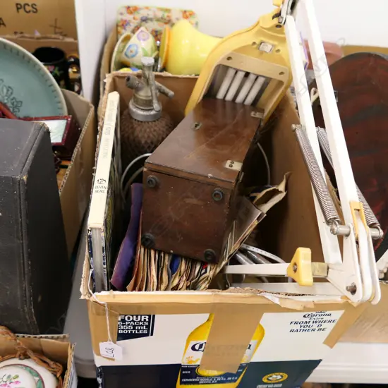 BOX LOT ANGLEPOISE LAMP, RECORDS, MICROSCOPE ETC