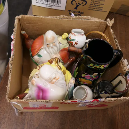 BOX LOT CHINESE CERAMICS; TEAPOTS, ETC