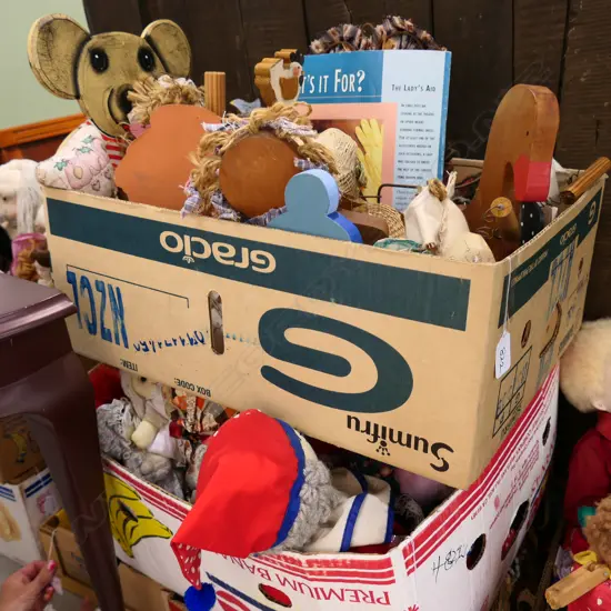 2 BOXES OF DOLLS +WOODEN TOYS