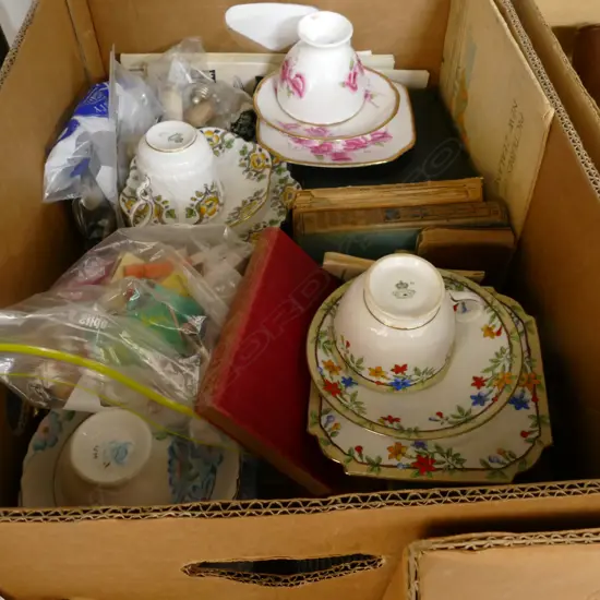 BOX LOT TRIOS, BROWNIE CAMERA, CUTLERY ETC