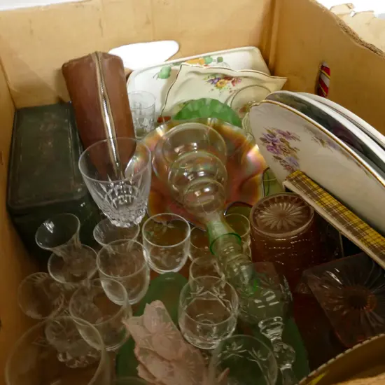 BOX LOT ASST. DEPRESSIONWARE GLASS, PLATES ETC