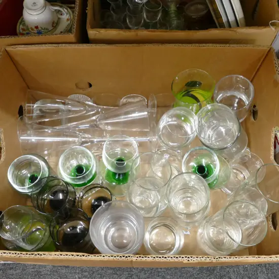 BOX LOT ASST. WHISKEY GLASSES ETC