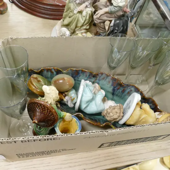 LOT ASSORTED CHINA  GLASSWARE & A POTTERY DISH