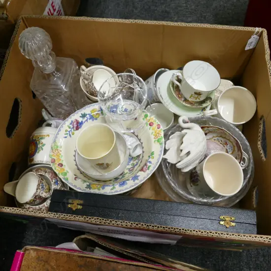 BOX LOT ASST ROYAL CHINA, DECANTER, CRYSTAL BOWLS ETC