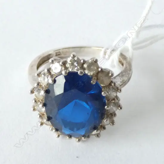 SYNTHETIC BLUE SPINEL & CZ'S IN 925 CLUSTER RING, TESTED