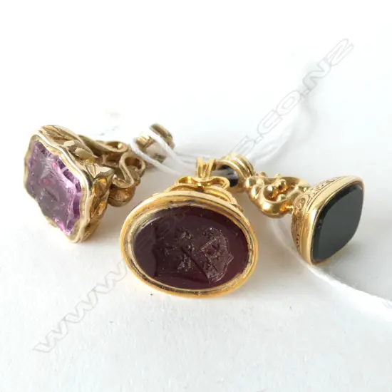 3 SEAL FOBS (ONE GOLD PLATED, ONE UNMARKED, ONE POSSIBLY PINCHBECK)