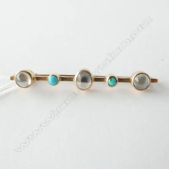 TURQUOISE & MOONSTONE 9CT GOLD STICK PIN BROOCH c1900