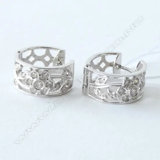 PAIR 9CT WHITE GOLD AND DIAMOND HOOP EARRINGS (ONE EARRING REQUIRES REPAIR)