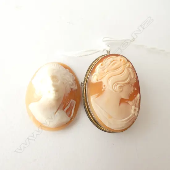 2 SHELL CAMEOS; 1 A 800 SILVER BROOCH / PENDANT