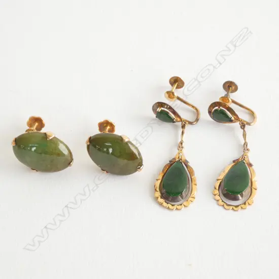 TWO PAIRS OF (9ct & 14ct)  GOLD AND POUNAMU EARRINGS (screw fittings)