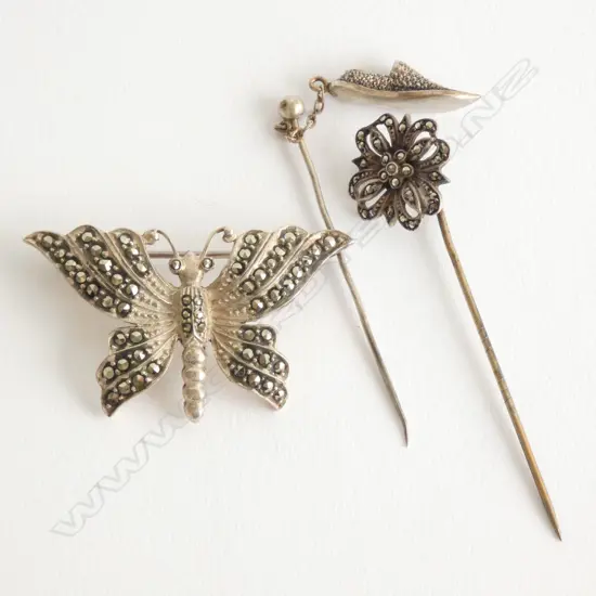 SILVER MARCASITE BUTTERFLY BROOCH & 2 STICKPINS