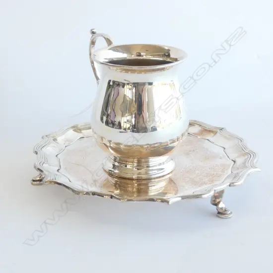 SILVER PLATE WAITER AND SMALL MUG