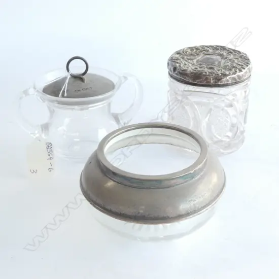 THREE GLASS & STG. SILVER CONTAINERS. HIGHEST 80MM. ALL HAVE HALLMARKS